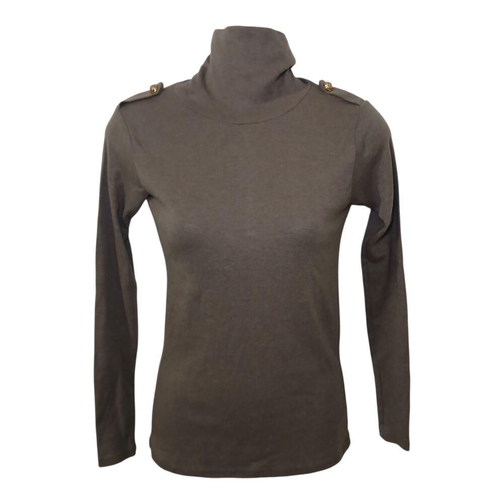 Damoyera Brown Turtleneck Top Women S‎ Long Sleeve Gold Button Minimalist